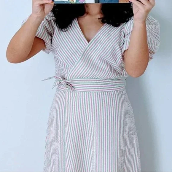 NWOT Draper James RSVP XS Pink Green Striped Seersucker Puff Sleeve Wrap Dress - Picture 14 of 14